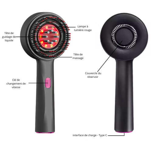 Brosse Hairflow : lumière rouge, tête de diffusion d'huile, tête de massage, bouton de vitesse, réservoir et charge USB-C